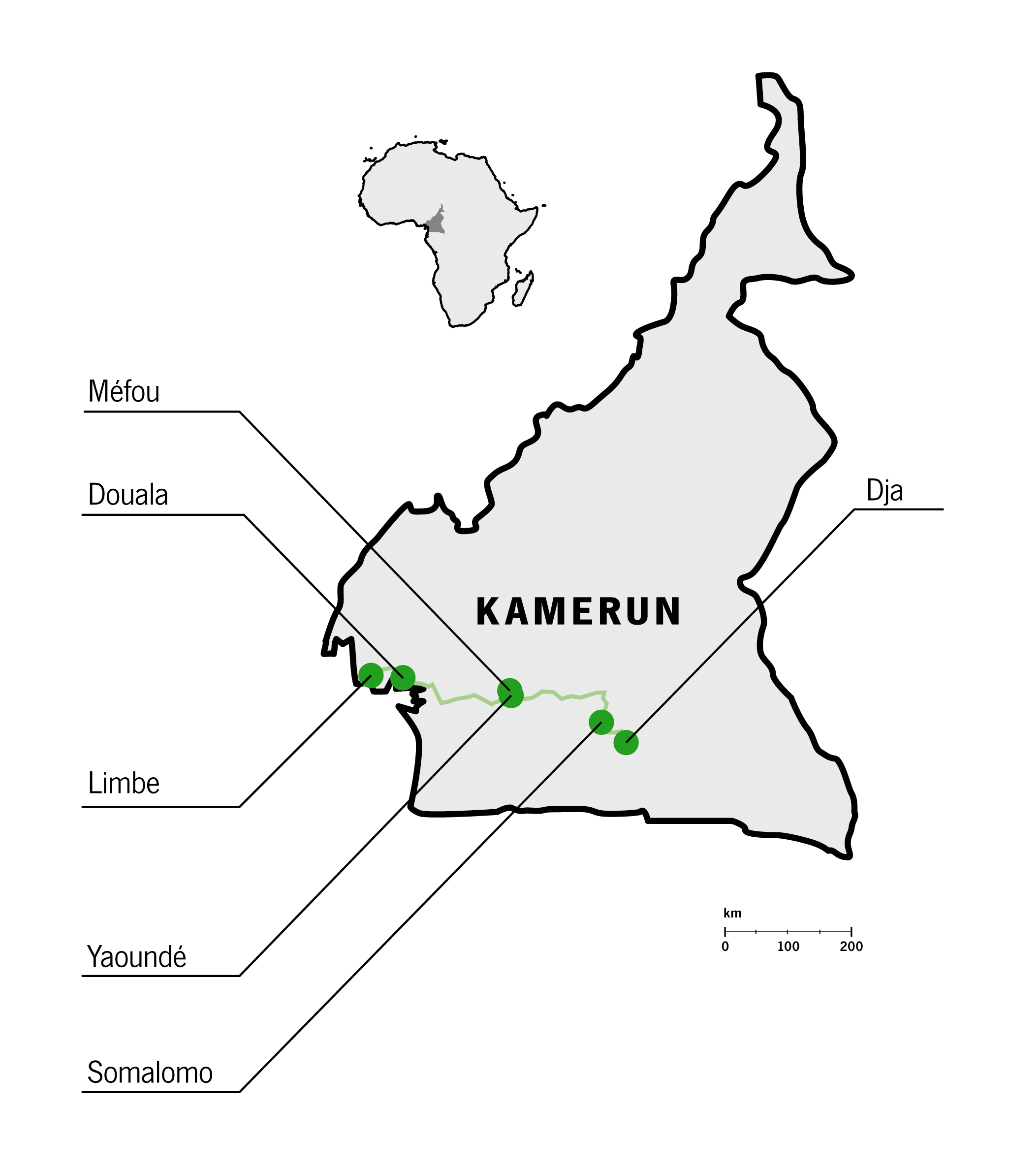 Trasa Toulavého autobusu v Kamerunu