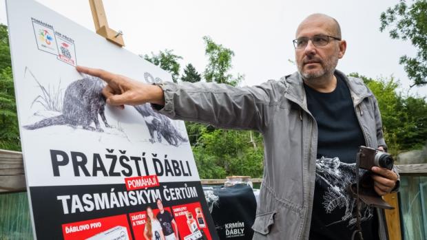 Projekt Pražští dábli pomáhají tasmánským čertům podpoří vývoj vakcíny proti rakovině tváře, která ohrožuje ďábly medvědovité ve volné přírodě. Na fotografii ředitel Zoo Praha Miroslav Bobek s logem záchranného programu Save the Tasmanian Devil Appeal na jehož podporu část výtěžku z prodeje ďábelského merche půjde. Autor: Petr Hamerník, Zoo Praha