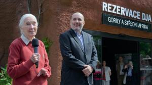 Světoznámá primatoložka Jane Goodall během své řeči před pavilonem Rezervace Dja v Zoo Praha po boku ředitele Zoo Praha Miroslava Bobka. Foto: Petr Hamerník, Zoo Praha