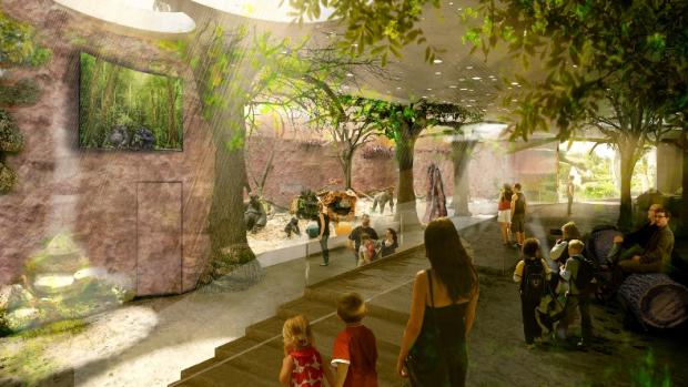 Vizualizace projektu. Pohled do interiéru expozice od vstupu do pavilonu. Zdroj: Zoo Praha