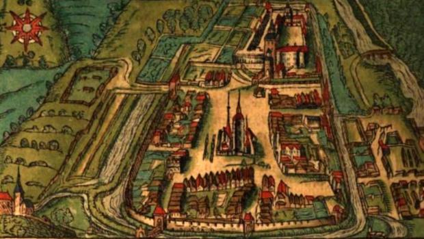 Podoba Budyně nad Ohří s vodním příkopem, jak je zachycena v Paprockého spisu Diadochos z roku 1602.