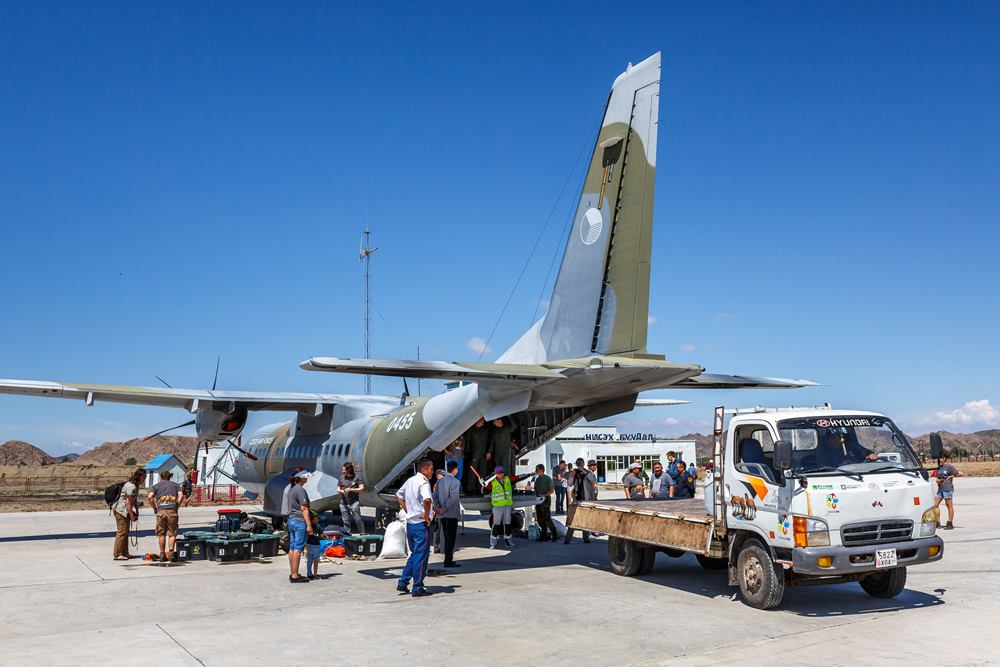 The CASA aircraft with four mares and escort landed on unpaved ground at the airport in Bulgan Sum. 