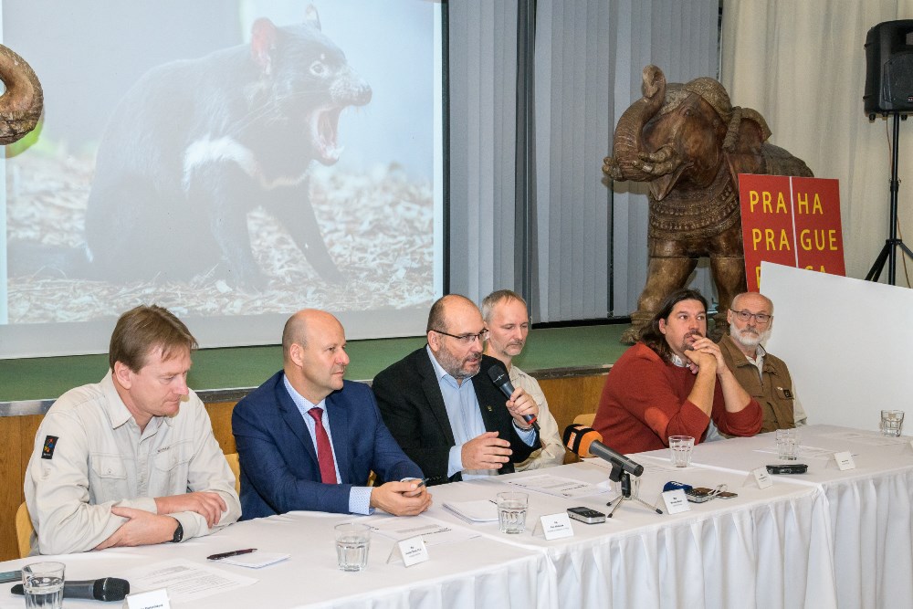 Zoo Praha ve čtvrtek představila významné odchovy roku 2019. Zleva: zoologický náměstek Jaroslav Šimek, náměstek primátora hl. m. Prahy Petr Hlubuček, ředitel Zoo Praha Miroslav Bobek, kurátor savců Pavel Brandl, kurátor ptáků Antonín Vaidl a kurátor obojživelníků a plazů Petr Velenský. Foto: Petr Hamerník, Zoo Praha. 