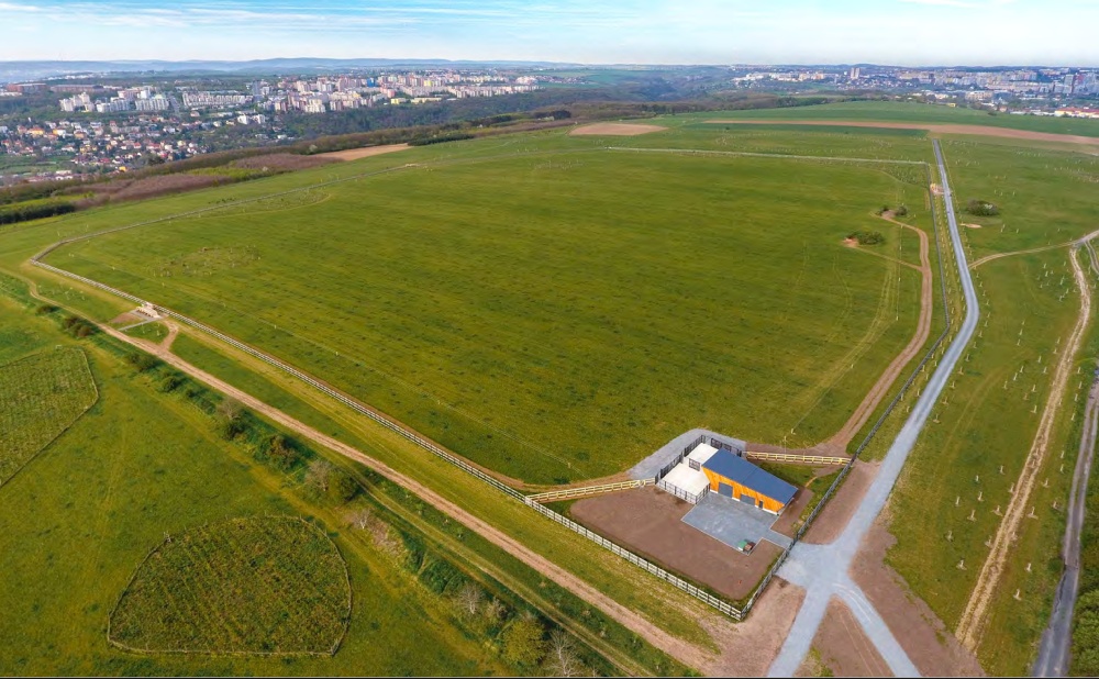 Letecký snímek zachycuje pohled na výběh koní od severovýchodu. Areál má rozlohu téměř dvacet hektarů a kromě samotné pastviny je v něm několik ohrazených ploch s výsadbou původních stromů a keřů. V pravé části snímku lze vidět tři zarostlé ostrůvky – zbytky německých postů. Jižní okraj náhorní plošiny (vlevo nahoře) se svažuje do Prokopského údolí. Foto: Miroslav Bobek