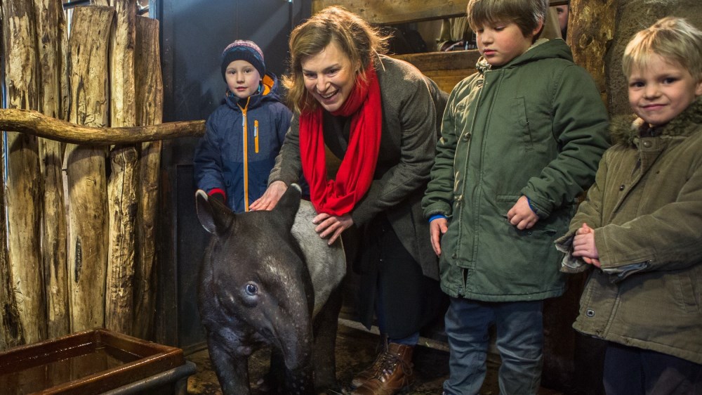 Herečka Lenka Krobotová pokřtila mládě tapíra čabrakového v Zoo Praha. Foto: Václav Šilha, Zoo Praha
