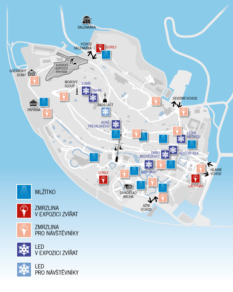 Zoo Praha pod ledem: mapka areálu s vyznačenými místy. Zdroj: Zoo Praha