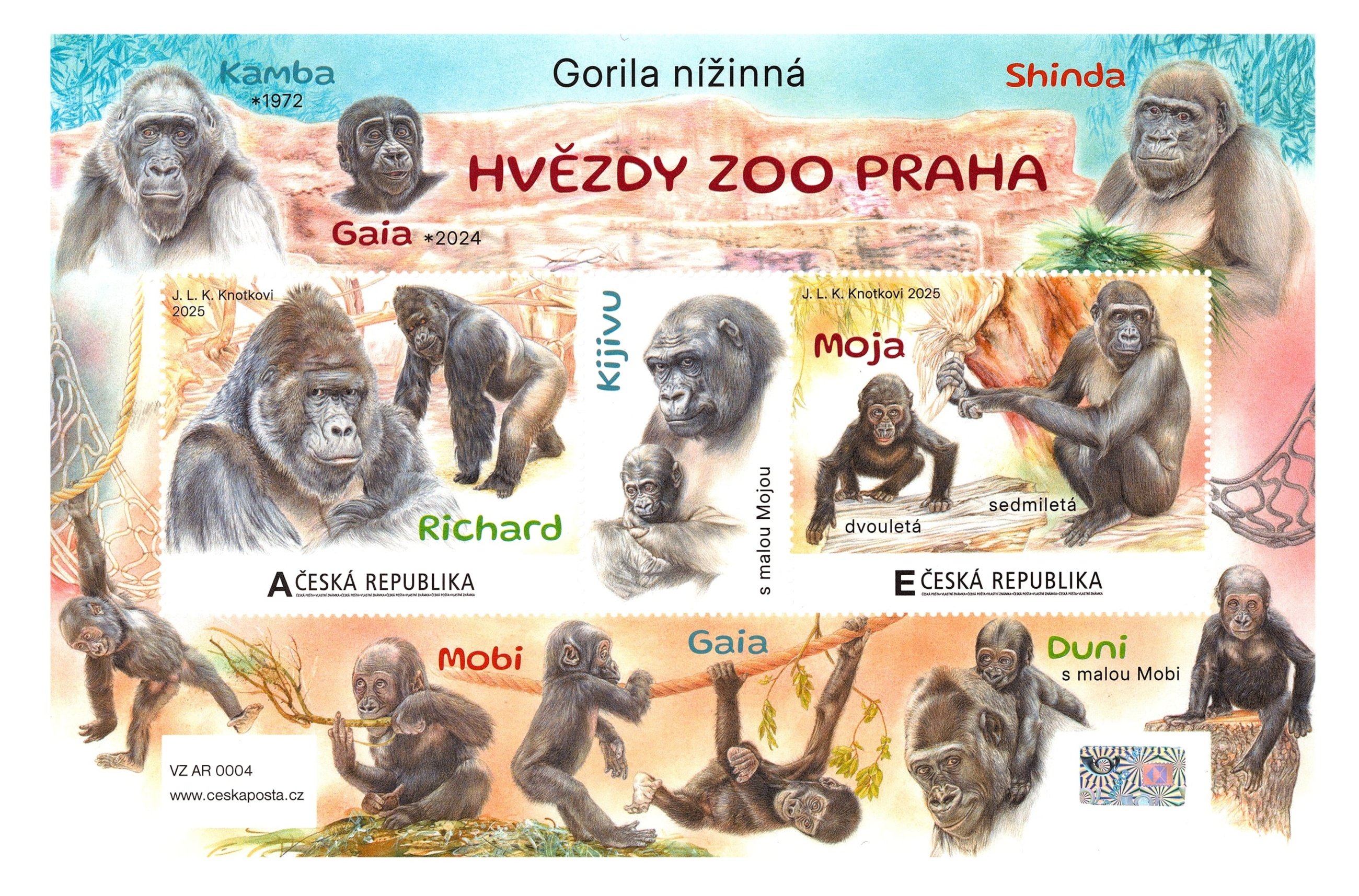 Arch s novými známkami Hvězdy Zoo Praha je od tohoto týdne k dostání na pobočkách České pošty. O podobizny slavných „pražských“ goril je velký zájem. Z původních 37 000 výtisků je v prodeji už méně než polovina. Zdroj: Česká pošta