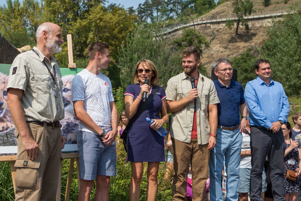 Křest pětice malých šelem je výjimečná událost a sešli se na ní významní hosté. Kmotry geparďat se stali kurátor Zoo Praha Petr Velenský (zleva), sprinter Pavel Maslák, primátorka hl. m. Prahy Adriana Krnáčová, ministr zahraničních věcí Lubomír Zaorálek a náměstek primátorky Petr Dolínek. Akci moderoval Marek Steiger ze Zoo Praha (třetí zprava). Foto -vš-