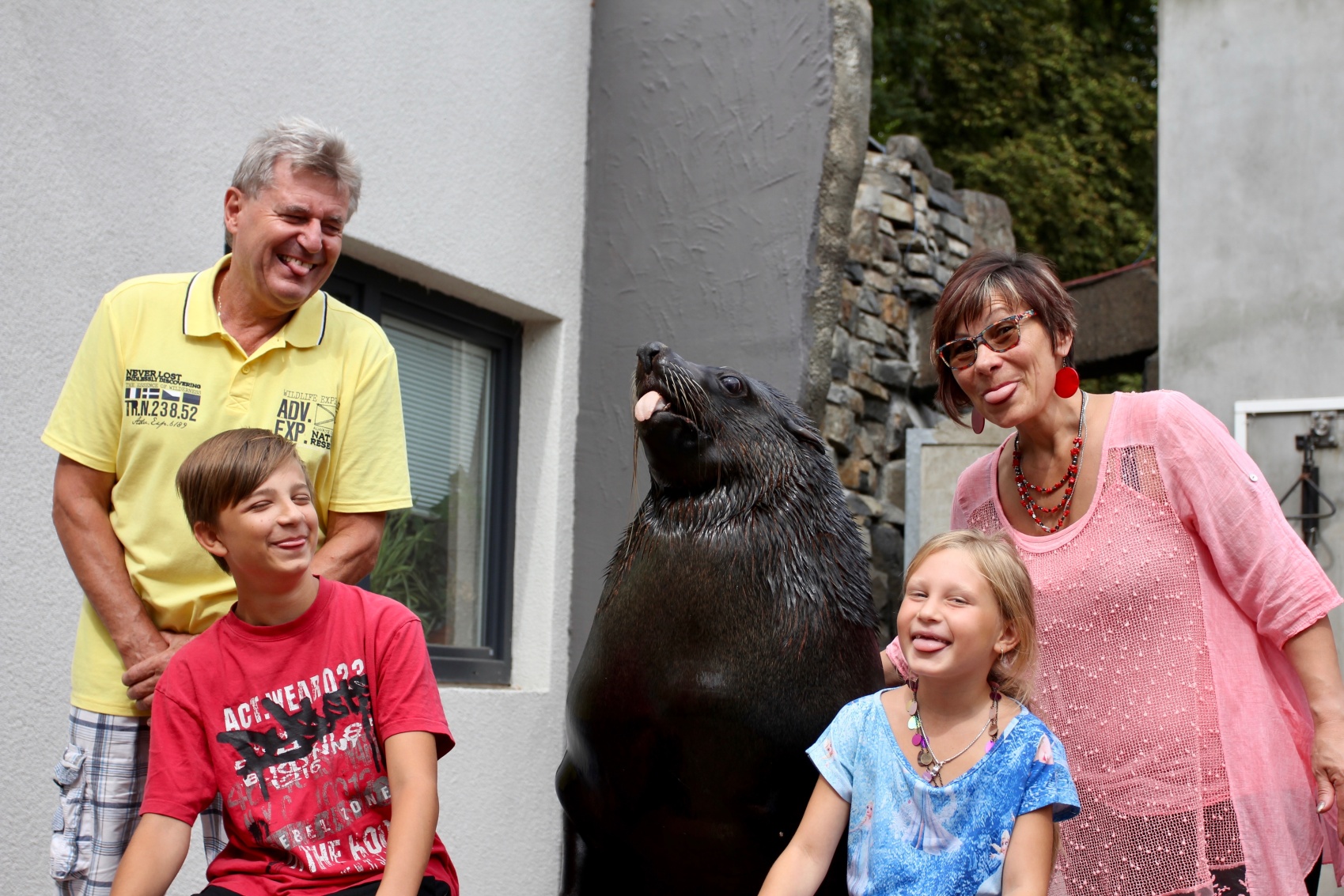 Rodina pana Rybky s lachtanem Melounem při tradičním cviku – vyplazování jazyka Foto: Michaela Kahle, Zoo Praha