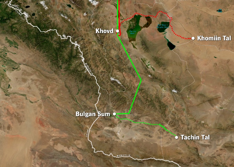 Mapa znázorňující pozemní transport koní v Mongolsku. Červená linka ukazuje trasu transportu z roku 2011, kteří mířil do Khomiin Talu.