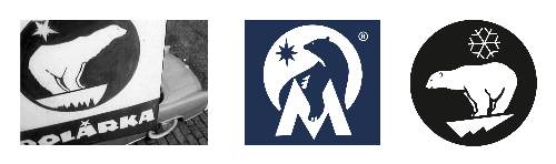 Polárka (c) Vlevo reklama na mražený smetanový krém Polárka zachycená ve filmu Zpívající pudřenka z roku 1959. Vpravo logo Mochovských mrazíren velmi podobné reklamě, ovšem stranově převrácené. Uprostřed modernizované logo registrované u ÚPV. 