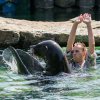 Ze společného cvičení přímo v bazénu měl radost ošetřovatel Jakub Mezei i samec Meloun. Foto: Petr Hamerník, Zoo Praha