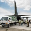 Loading the transport crates of the Army plane CASA, which successfully landed  on the unpaved air strip in Bulgan Sum at 3:45 pm local time. Photo: Khalil Baalbaki, Prague Zoo